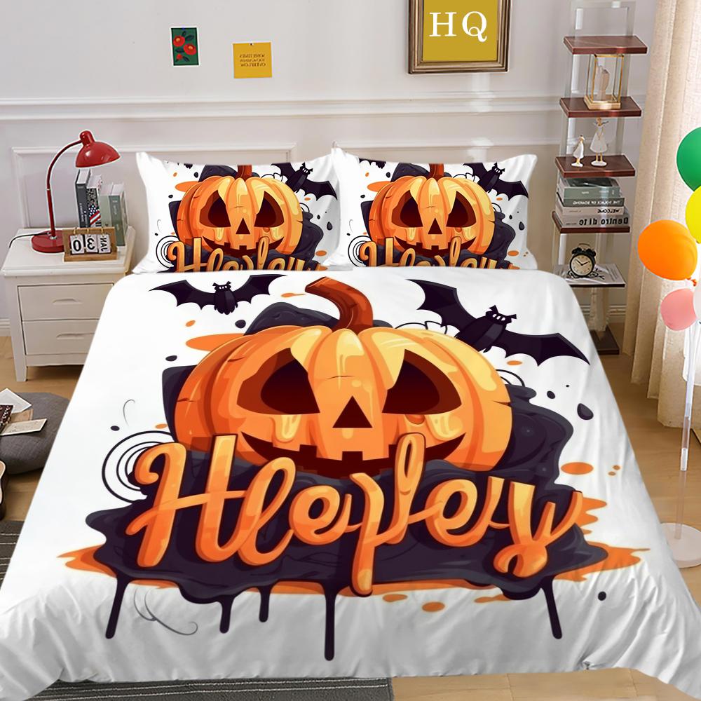 3D Halloween Home Bedding Set Pumpkin Ghost Quilt Cover Pillow Case 2/3 Pieces AU220 * 240 Full Size Soft and Easy To Clean Bedroom Decoration