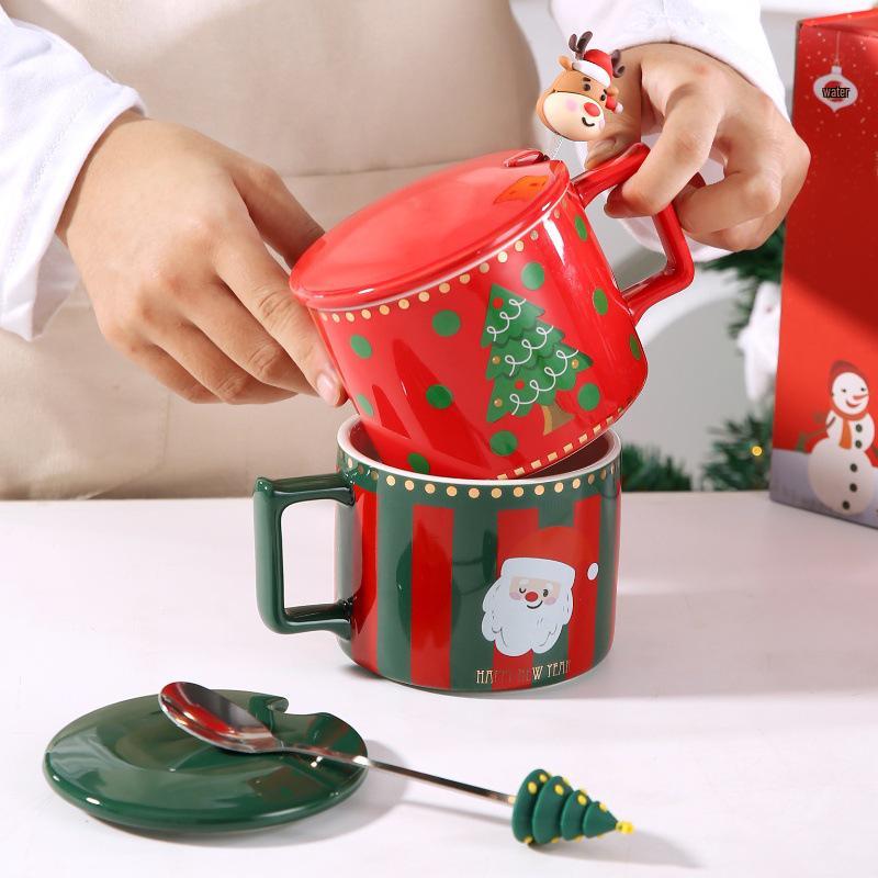 Cute Elk Christmas Ceramic Mug Set with Lid & Spoon - Perfect Holiday Gift