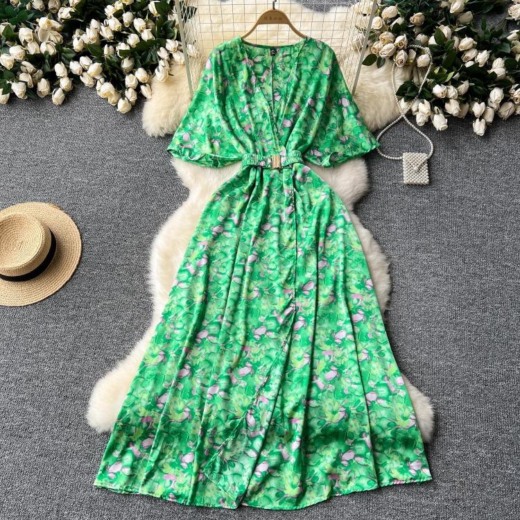 Vintage Elegant V Neck Split Print Short Sleeve Dress Chic Slim A Line Vestidos Summer Vacation Party Women Fashion Dresses