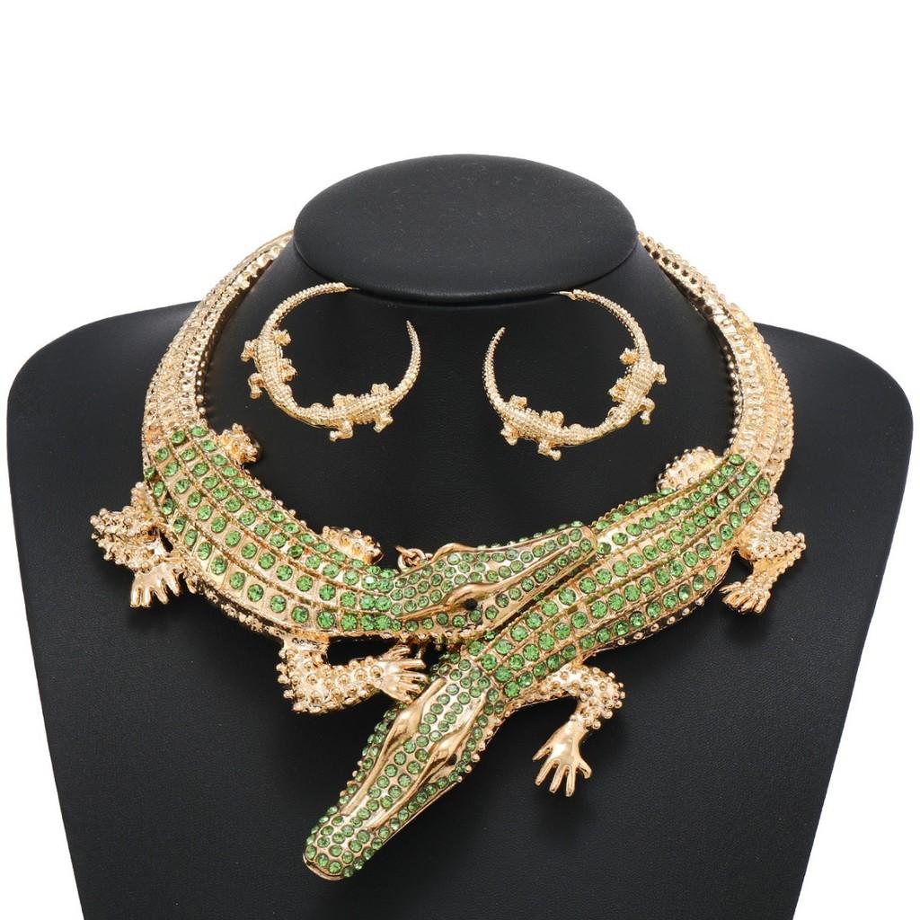 Rhinestone Creative Decoration Crocodile Design Women Necklace And Set Earring