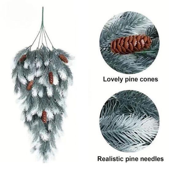 2Pcs Christmas Teardrop Swag Wreath Fake Norfolk Pine Stairway Swag with Pinecone Winter Xmas Hanging Greenery Garland Decoration