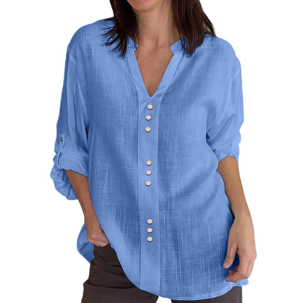 Women's Casual Fashion Solid Color Button V-Neck Long Sleeved Shirt Top Long Sleeved Shirt Top