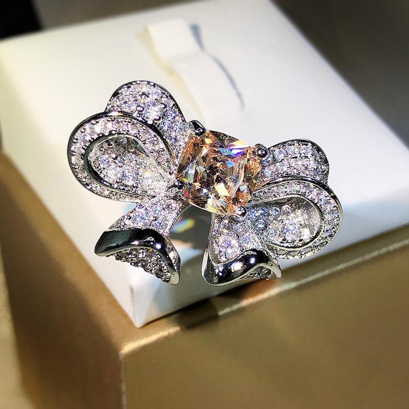 Elegant Three-dimensional Bow Ring  Copper Micro-encrusted Diamond Zircon Ring Cocktail Party Wedding Jewelry
