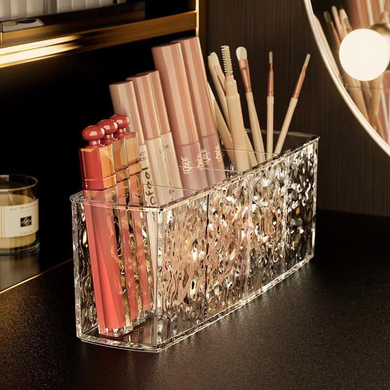 Lux Water Ripple Cosmetic Organizer with Mirror: Rectangular Divided Box for Lipstick & Eyebrow Pencil Storage.