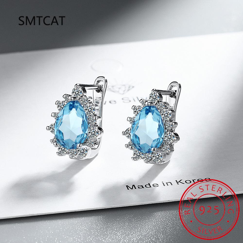 Pear Genuine Natural Blue Topaz 925 Sterling Silver Water Drop Hoop Earrings for Women Fashion Statement Gemstone Jewelry