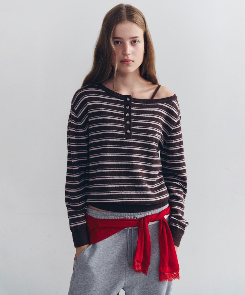 ROLAROLA One Off Shoulder Stripe Knit Set Br+Gy