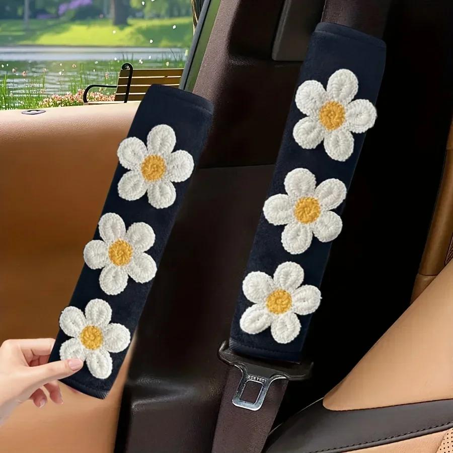 1pair Cute Embroidered Flowers Car Seatbelt Cover Seat Belt Harness Cushion Auto Shoulder Strap Protector Pad for Drivers