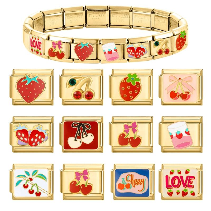 Sweet Cherry Strawberry Heart Flower Y2K Gold Color Italian Charm Links Fit 9MM Bracelet Stainless Steel Making DIY Jewelry