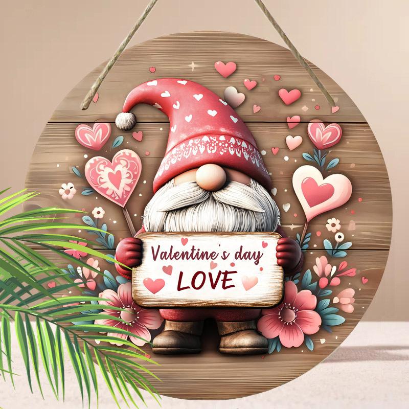Valentine's Day Gnome "LOVE" Wooden Sign, Round Front Door Decor, Romantic Heart Wall Hanging - Ideal Valentine's Day Gift