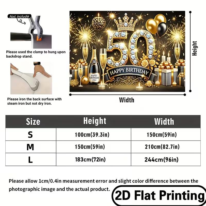 2D Luxury Black Gold 50th Birthday Backdrop Banner Glitter Crown Party Decor Background