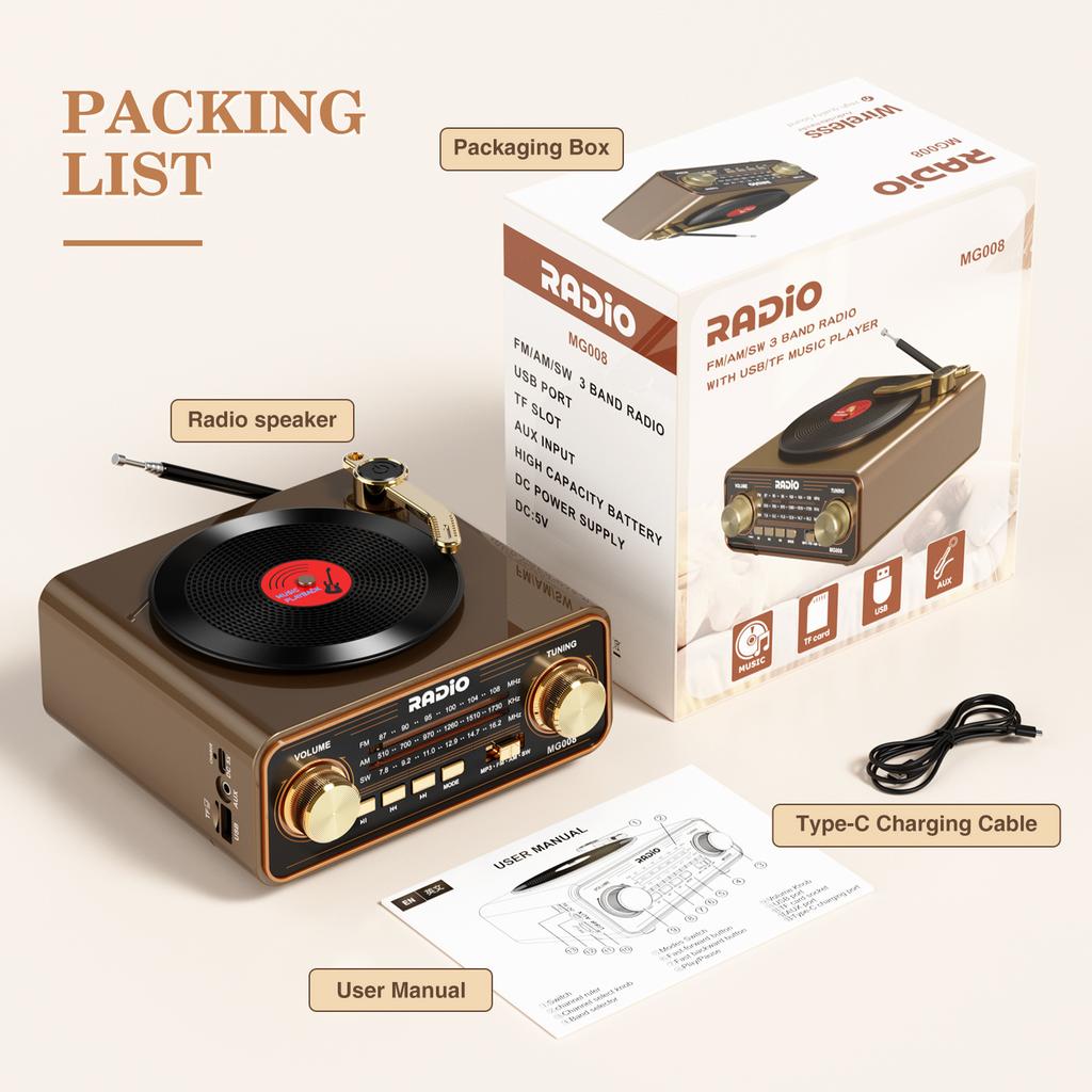 Retro Bluetooth Speaker Vinyl Player Style Radio, Portable FM/AM/SW & Wireless Streaming, Unique Vintage Decor for Home & Gift Idea