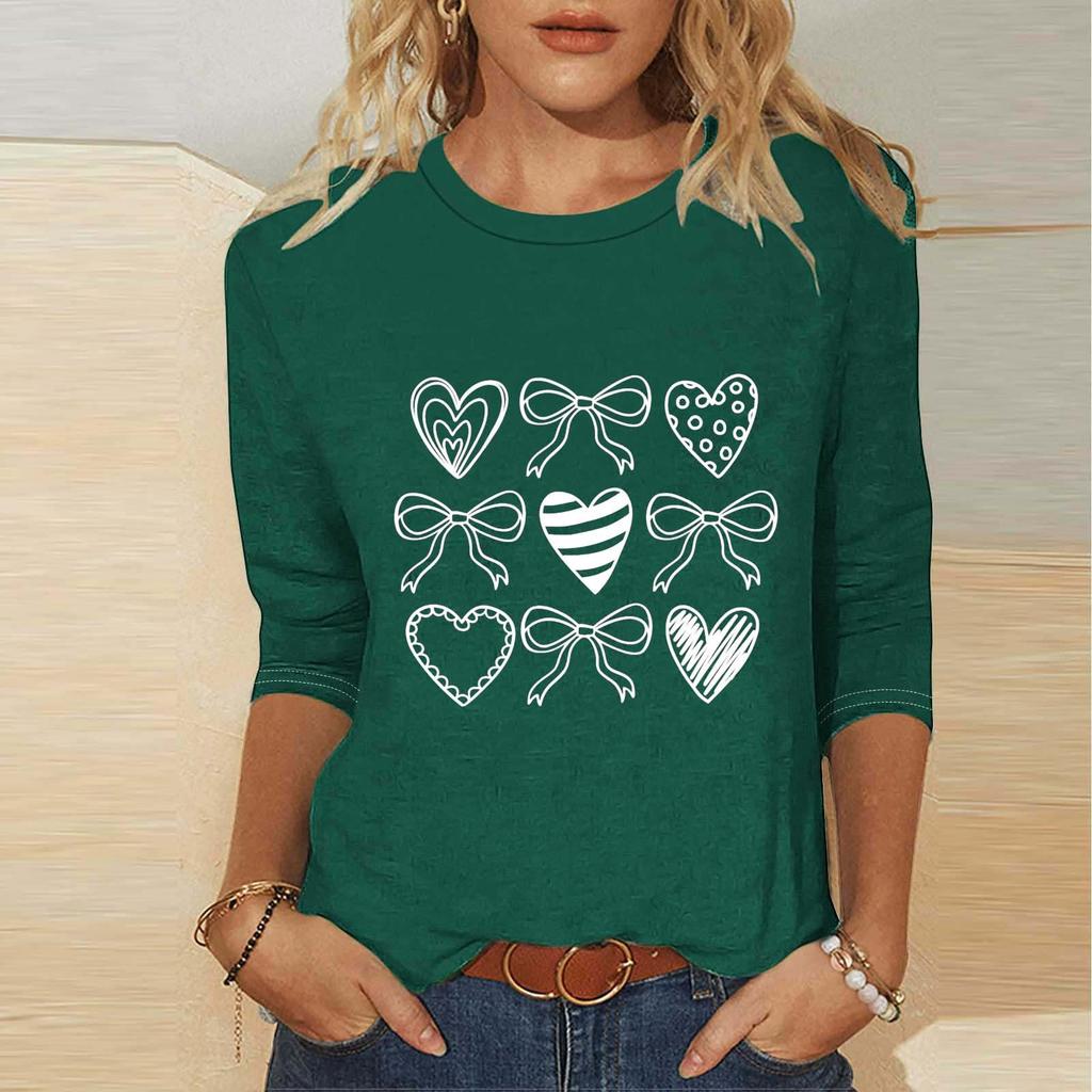 Women's Fashion Casual Three-quarter Sleeve Valentine's Day Printed Round Neck Top