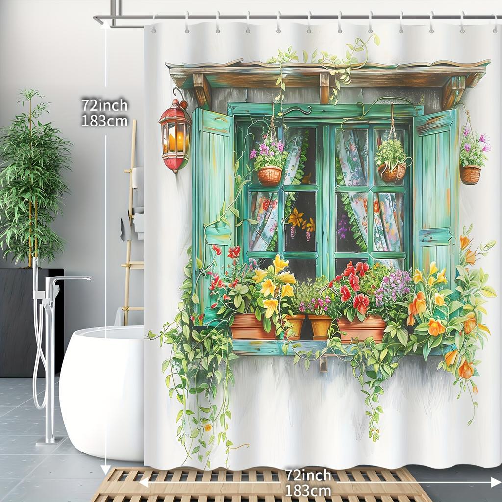 Duschvorhang: Charmantes Fenster mit blühenden Blumen und Laterne für eine gemütliche und einladende Badezimmerdekoration