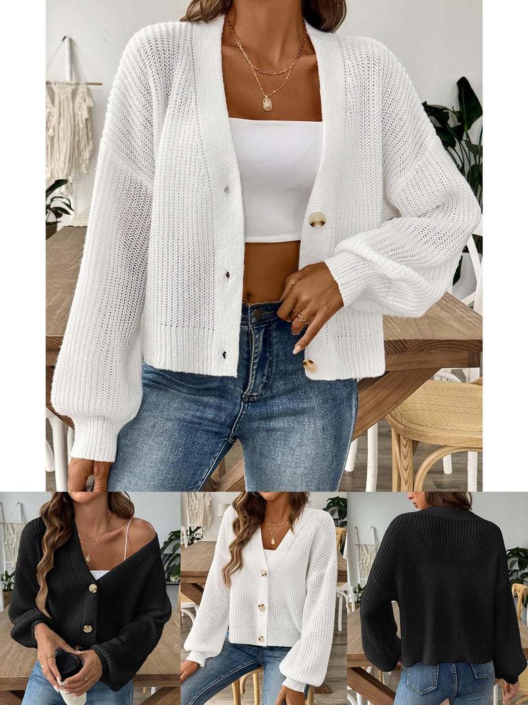 Damski jesienno-zimowy krótki sweter rozpinany na guziki M689