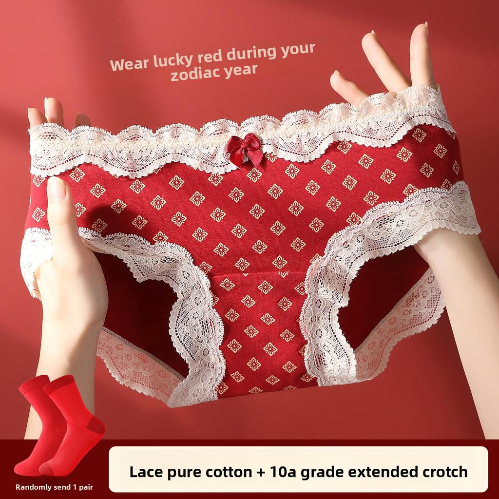 Big Size Lady Spring and Autumn New Wedding Year Red Pure Cotton Lace Lovely No Mark Briefs
