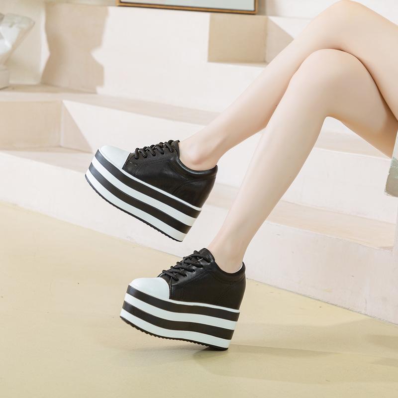 

Fashion 12cm Genuine Leather Women Casual Shoes Chunky Sneakers Platform Wedge Hidden Heel Women Leisure Shoes Summer Sneaker Women 38