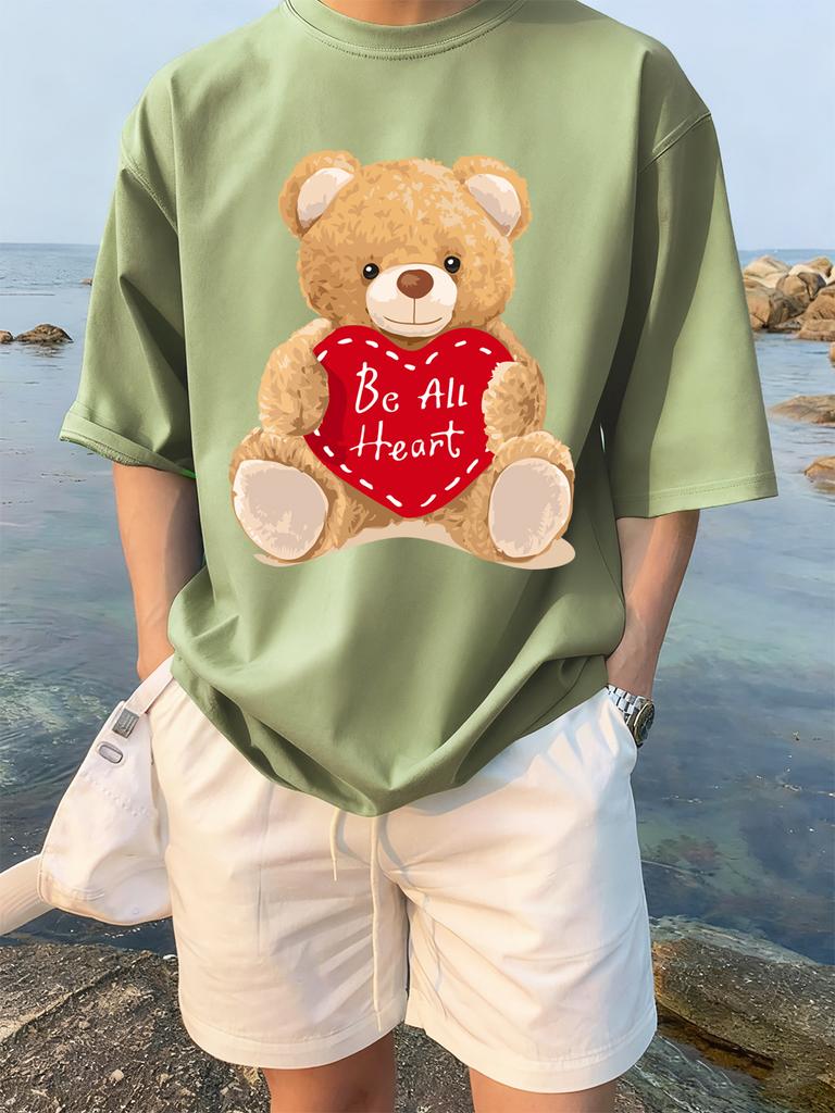Cartoon Bear Gives You His Heart Prints TShirts Womens Summer Cotton Tops ONeck Soft Loose Short Sleeve Tees Casual Clothes