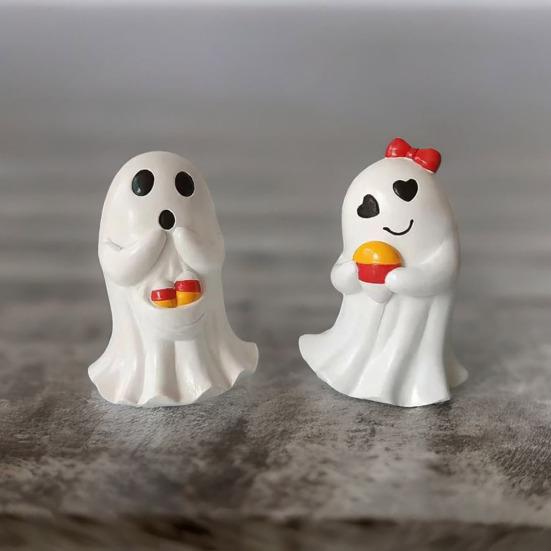 Halloweenská figurka ducha Roztomilá malá bílá soška ducha Stolní ozdoby ducha Pryskyřičné řemesla pro vnitřní venkovní verandu Domácí stolní dekorace