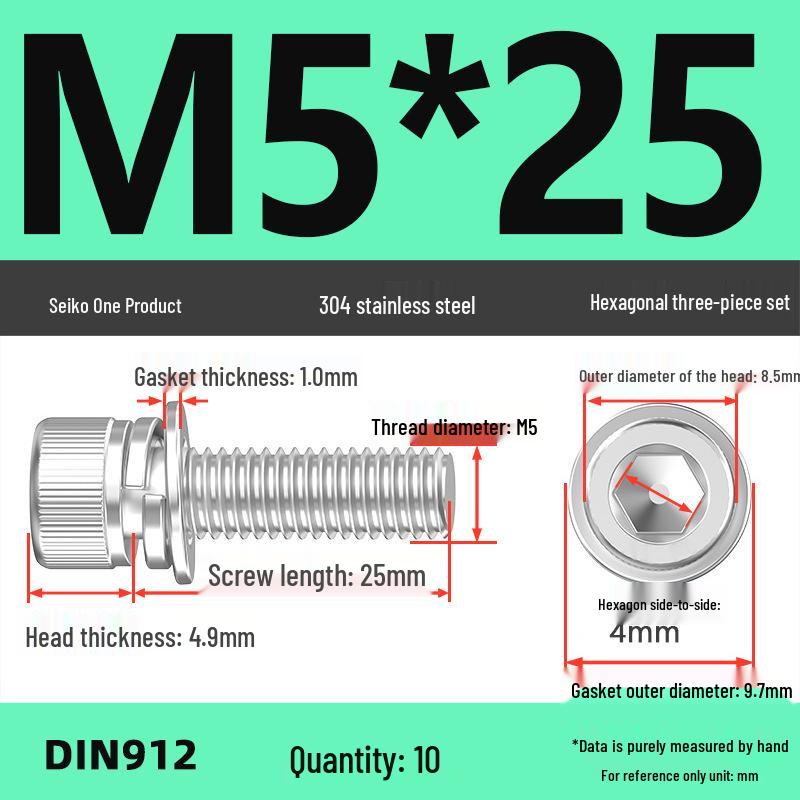 304 Stainless Steel Hex Socket Cap Screw with Washer - Sizes M3, M4, M5, M6, M8, M12