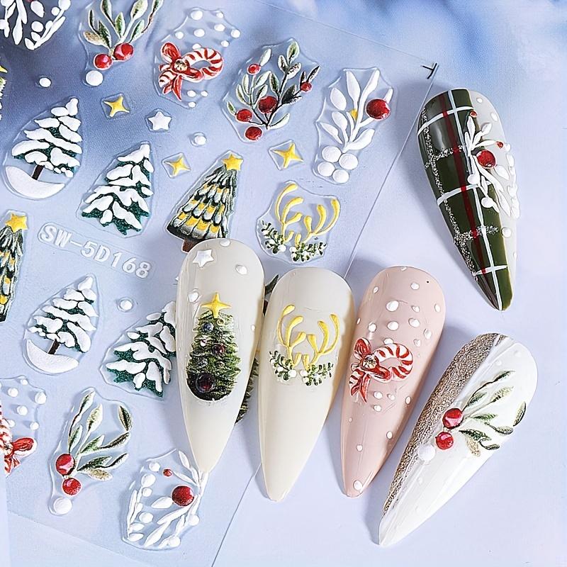 Weihnachts-Nagelkunst-Aufkleber Abziehbilder 1 Blatt, Winter Weihnachtsbaum Blätter Muster Geprägte Selbstklebende Nagelaufkleber, DIY Nagelkunst Dekoration