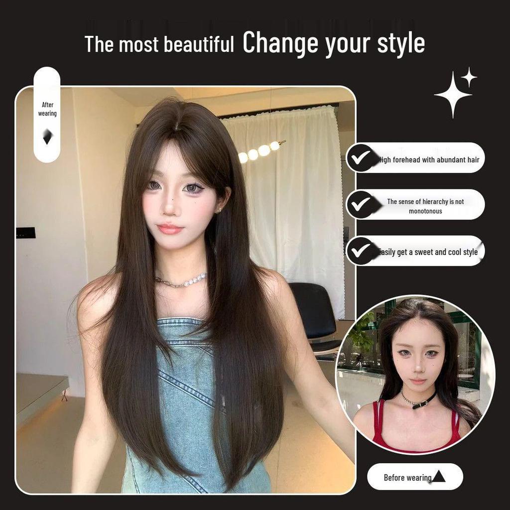 Korean Style Women's Long Layered Straight Wig - Gentle, Sweet, Face-Shaping Middle Part