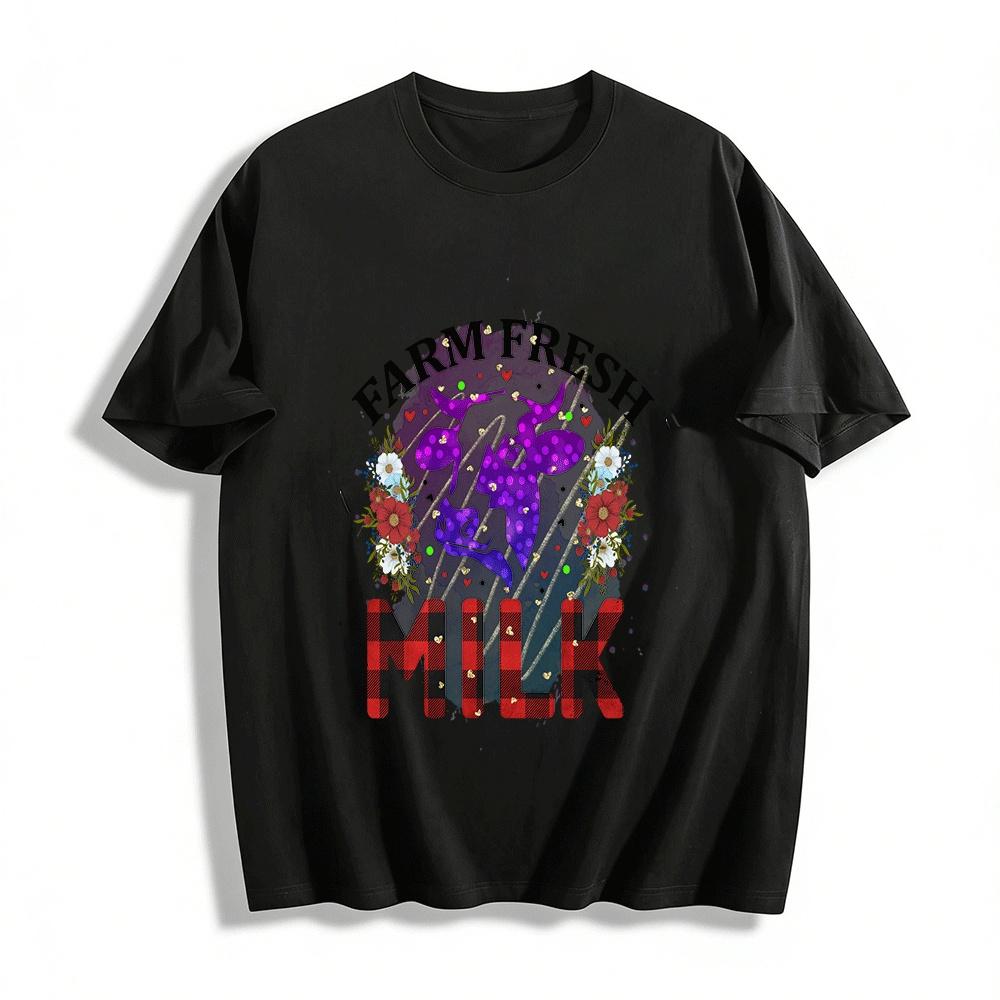 

Farm Fresh Milk Floral Cow Graphic Casual Top Pure cotton T-shirt XXS