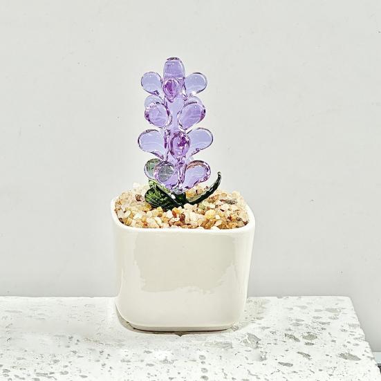 Faux Crystal Flower Figurine Mini Hand Blown Glass Potted Flower Ornament for Home Office Table Decor Gifts for Wedding Birthday Mother's