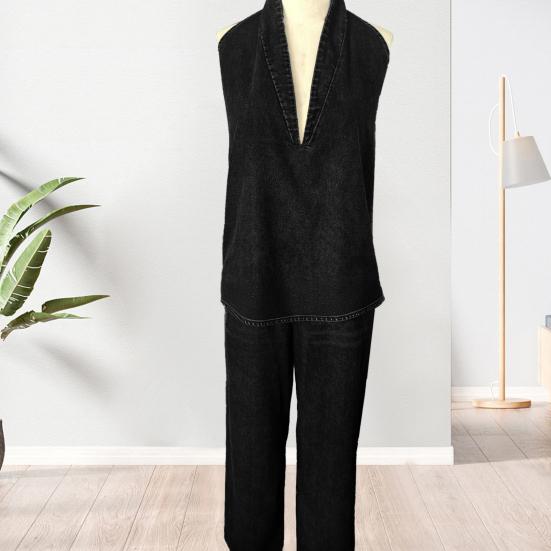 Halter Denim Set for Women Sleeveless Tank Top And Wide Leg Pants Lounge Sets Summer Casual Two Piece Outfits with Pockets