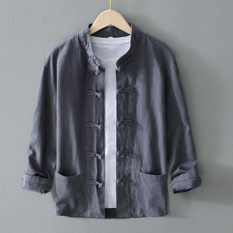 Men's Long-Sleeve Chinese Retro Ramie Shirt - Tang-Style Cotton Linen Jacket for Spring/Summer