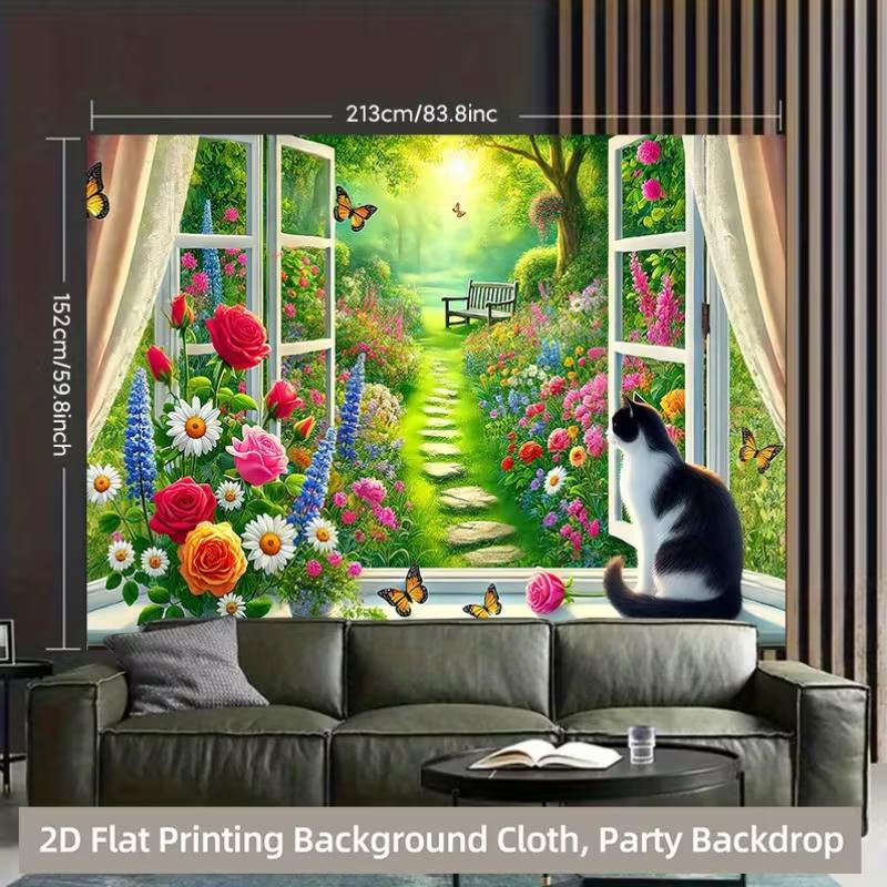 2D Cat at Open Window Tapestry Garden View with Flowers and Butterflies Backdrop