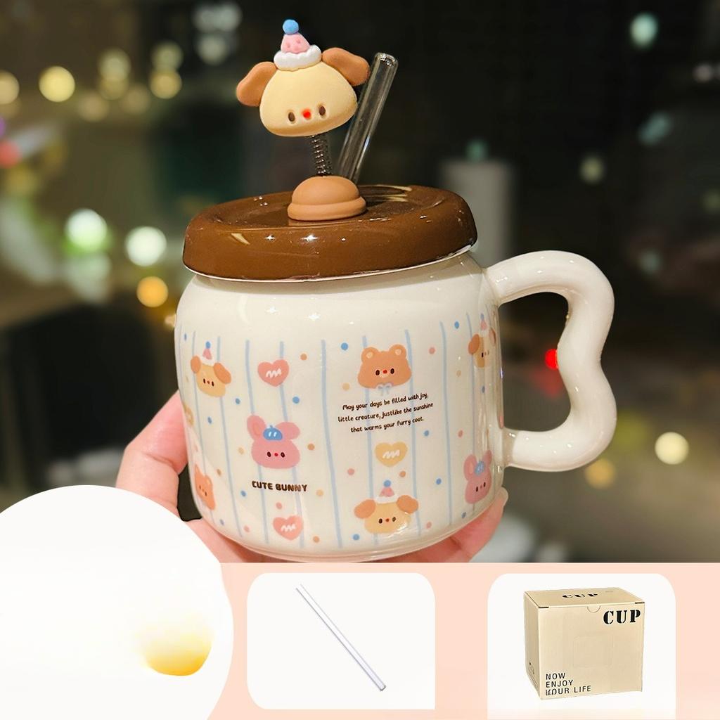 Creative Design Spring Puppy Ceramic Mug with Lid Cute Household Milk Oatmeal Cup Cartoon Cup Souvenir