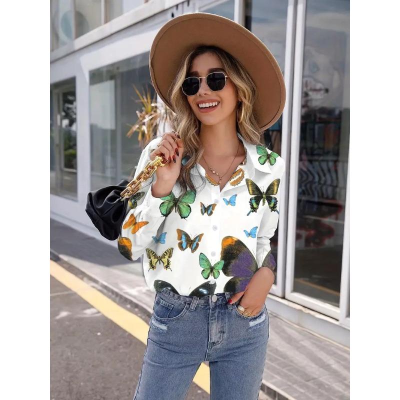 Butterfly Print Button Shirt, Casual Long Sleeve Shirt For Spring & Fall, Women's Clothing