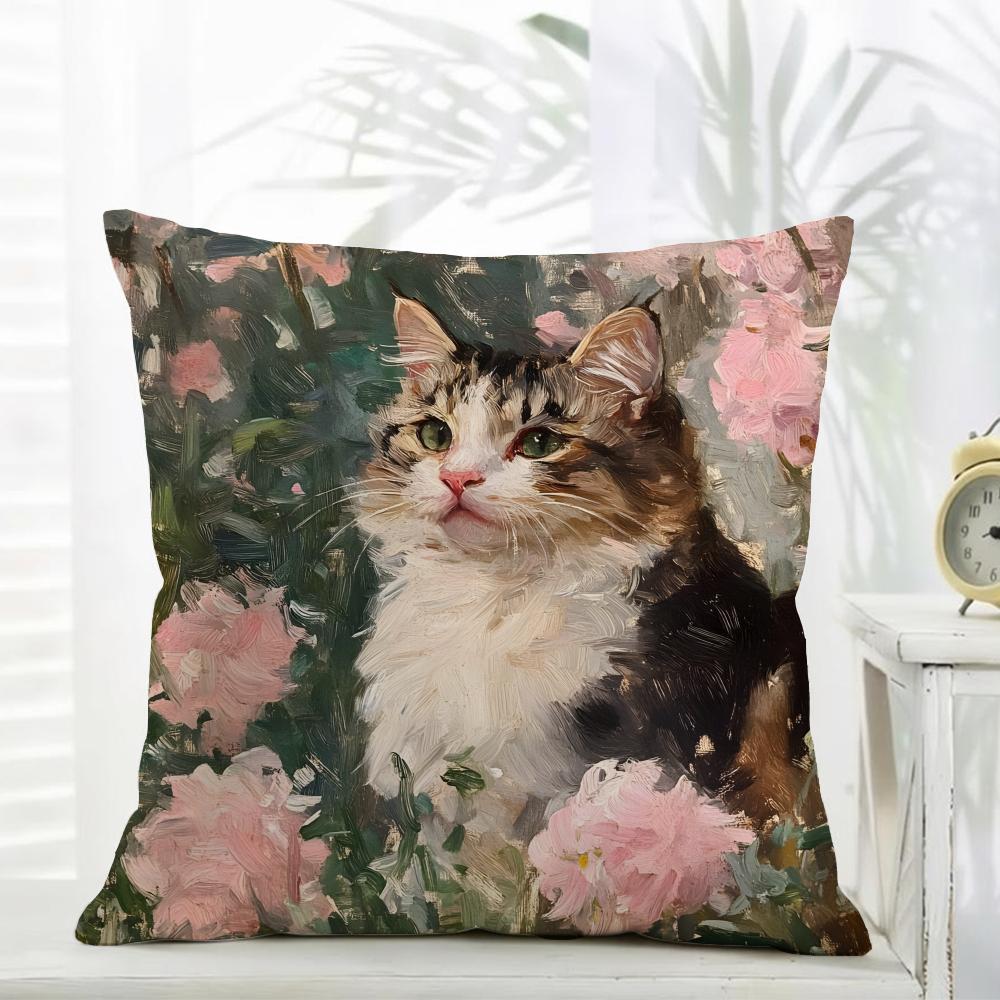 Cute Oil Painting Colorful Cat Cushion Cover Comfort Daily Washable Linen Soft for Sofa Bed Home Room Decor