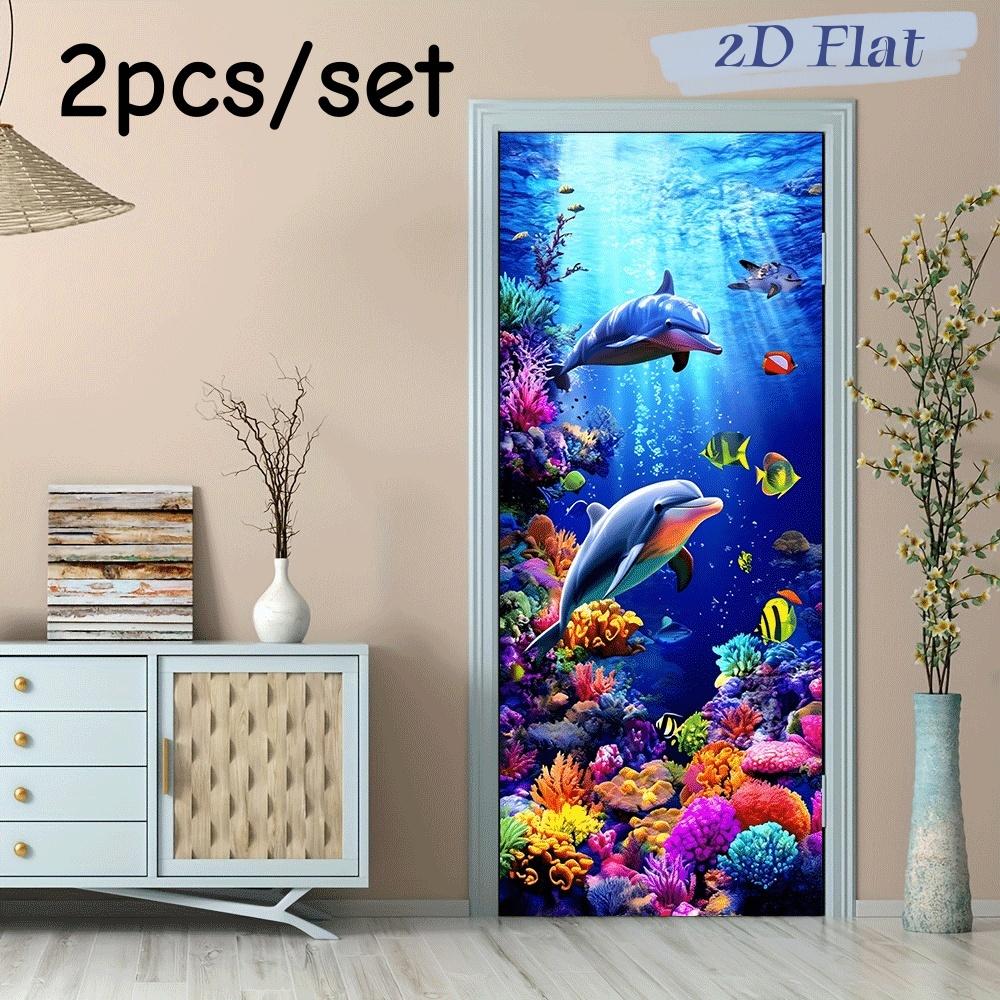 2pcs Ocean World wall stickers, underwater creatures, dolphins, coral, children s room decoration stickers, waterproof self-adhe (as the picture,38.5x200cmx2)