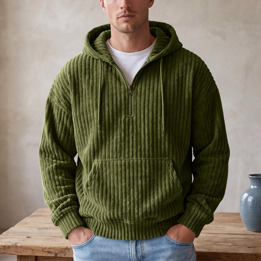 Men's Vintage Corduroy Half Zip Hoodie with Large Pockets