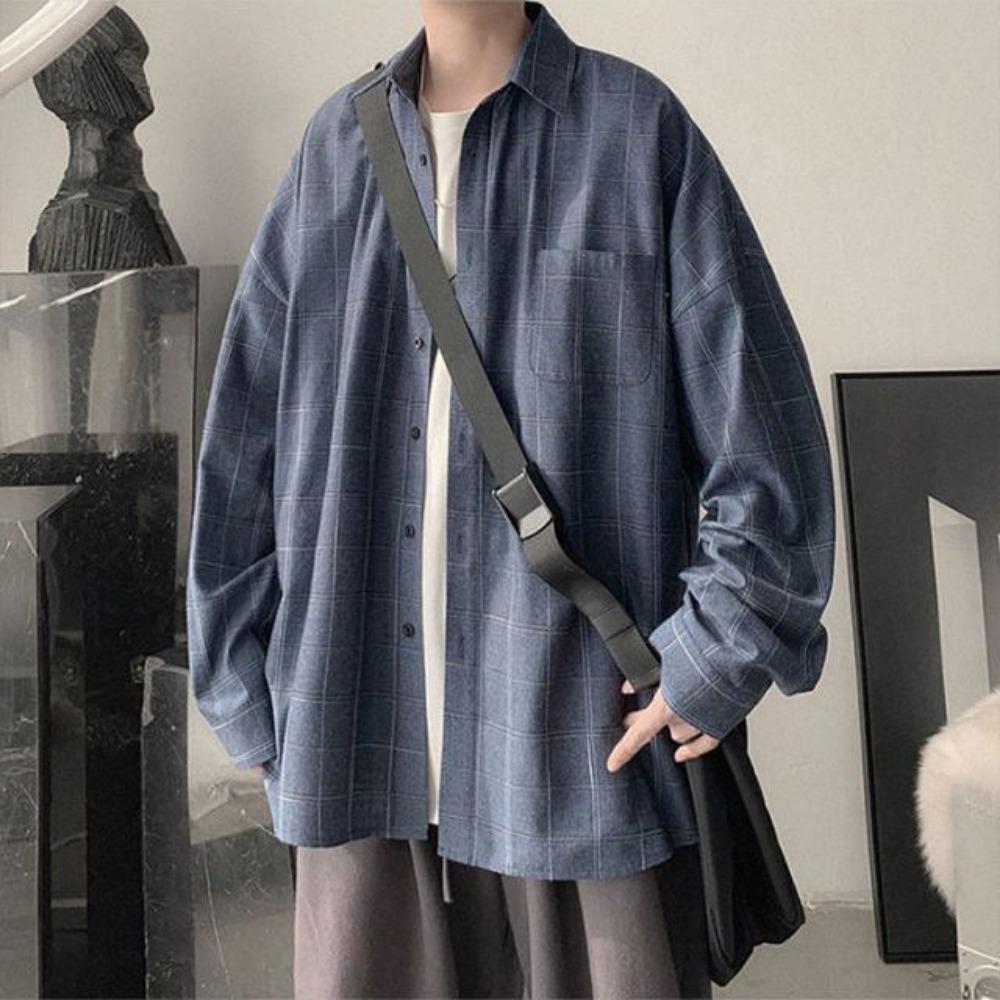 Retro Plaid Shirt Men's Loose Long-sleeved Trendy Handsome Thin Jacket Versatile Shirt