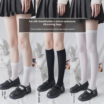 Women's Japanese Calf-Length Velvet Stockings - Black & White JK Knee Socks, Short-Medium Tube, Summer Thin Tide.