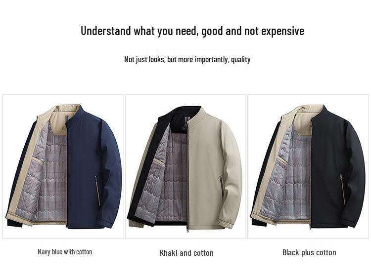 Men's Autumn/Winter Cotton Stand-up Collar Jacket - Business Casual, Solid Color, Thicken, Dad's Style