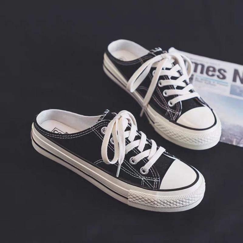 Half-drag Canvas Shoes Women Without Heels and One Pedal Summer Lazy Shoes Summer New Student Versatile Board Shoes