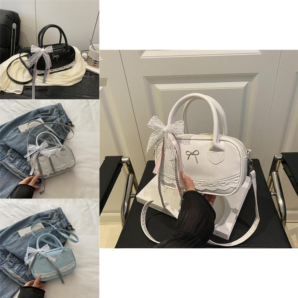 Simple Solid Color Silver Bow And Lace Decoration Women Casual Shoulder Bag For Daily Use