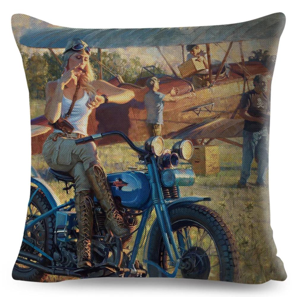 Vintage Sexy Motorrad Lady Kissenbezug Dekor Ölgemälde Cartoon Frauen Kissenbezug für Sofa Auto Polyester Kissenbezug 45x45
