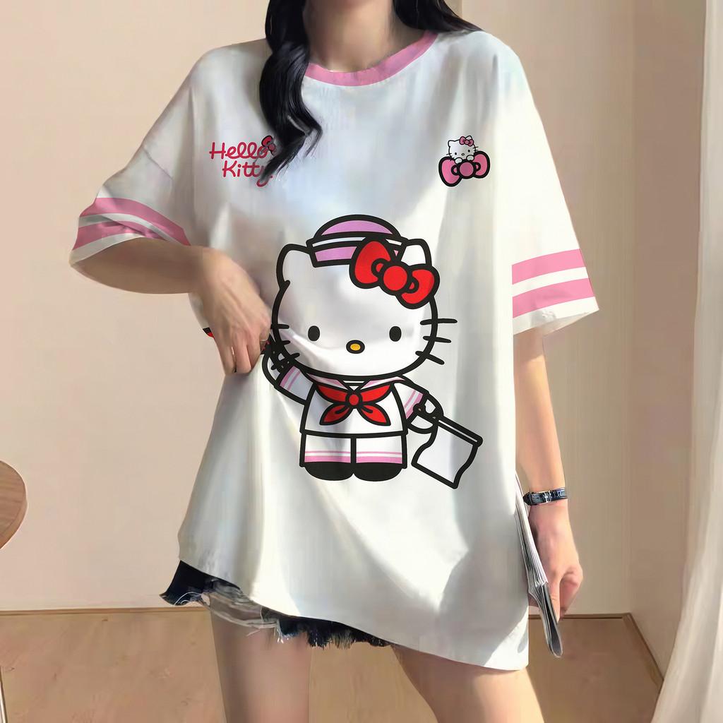 Korean style loose-fitting T-shirt, Hello Kitty soccer T-shirt, sports T-shirt, streetwear.
