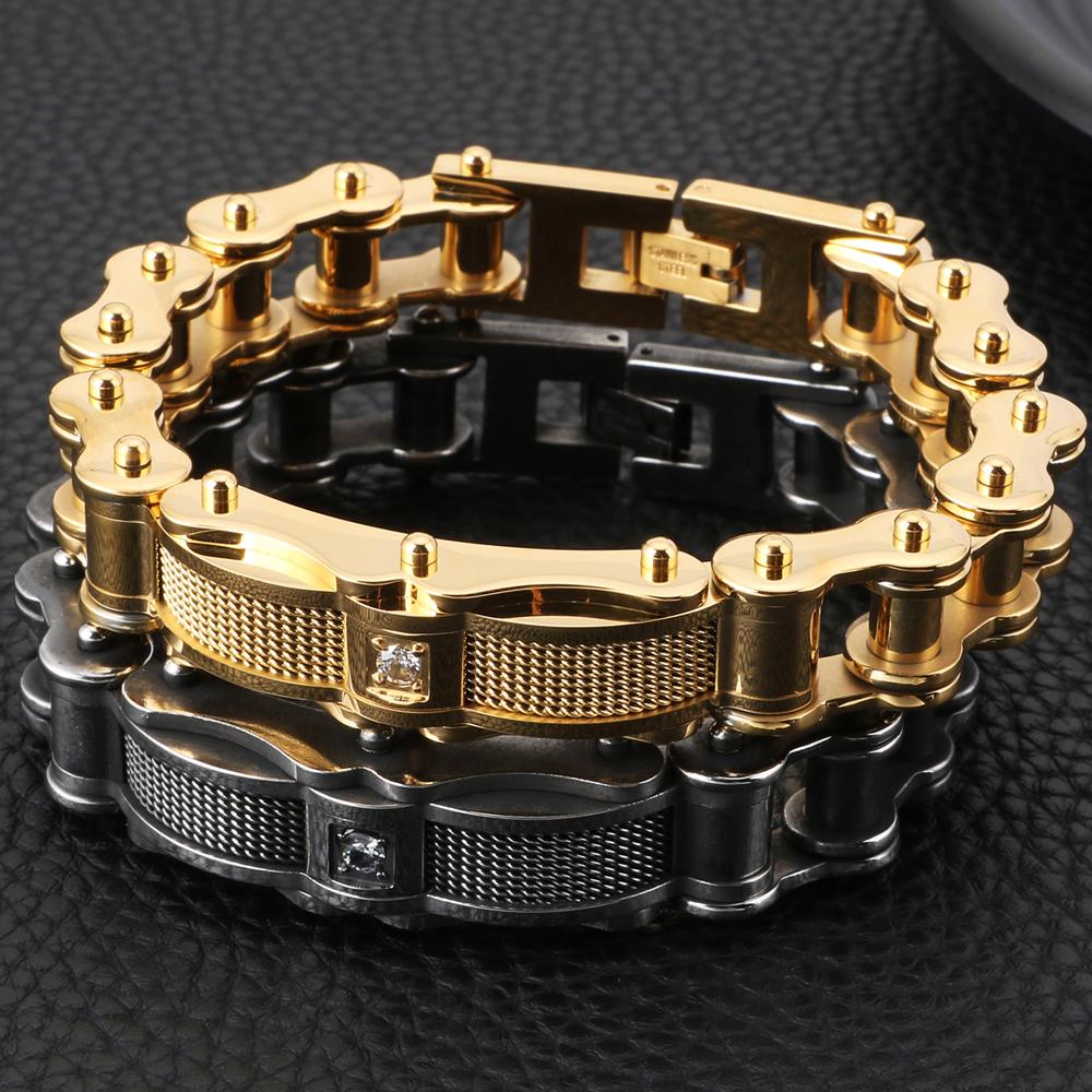 Biker Jewelry Worn Look Bicycle Chain Men's Bracelets Vintage Black Stainless Steel Motorcycle Bicycle Wear CZ Bracelet For Men