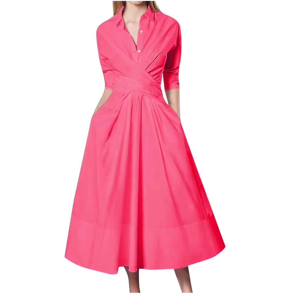 Women's High Waisted Slim Tie Up POLO Collar Temperament Commuting Solid Color Dress