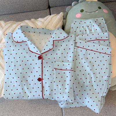 Light Luxury Pajamas Women'S Spring Wrinkled Cloth Long-Sleeved Trousers Thin Sweet Polka Dot Suit Can Be Worn Outside Loungewear