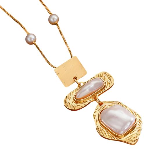 Set Metallic Texture Double-Layered Earrings Necklace with Geometric Design Irregular Imitation Pearls B