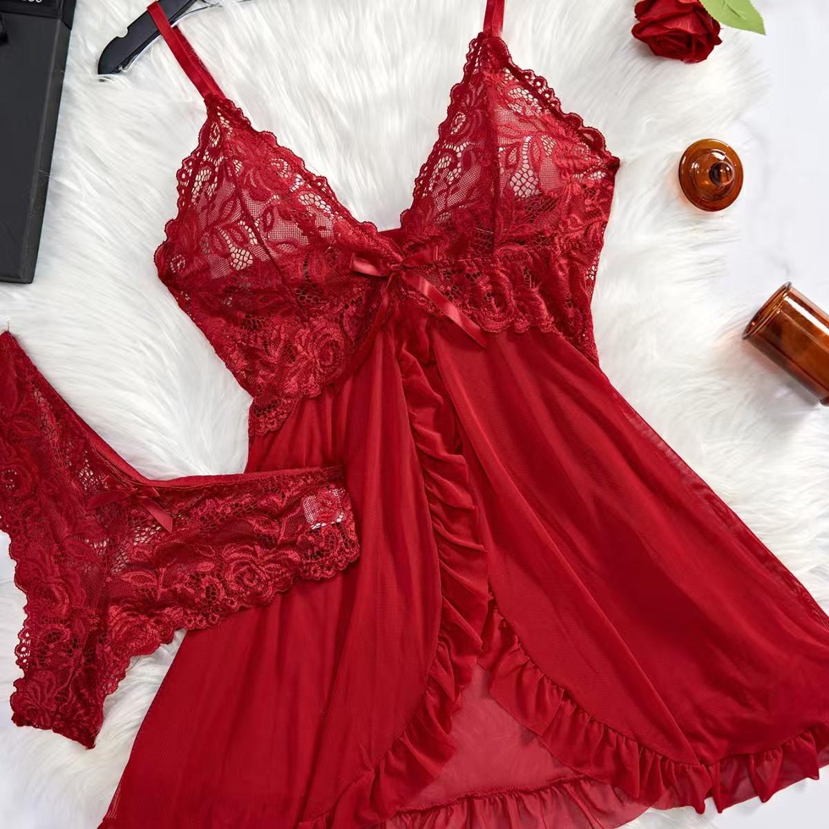 

Two-piece Sexy Lingerie Nightgown Set V-neck Lace Camisole Nightgown Available in Multiple Colors Pajamas Dress M червоний