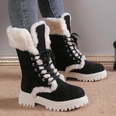 Dames Plateau Snowboots met Dikke Hak Winter Warm Gevoerd met Faux Fur Instap Mid-Kalf Laarzen voor Dames Fleece Gevoerde Faux Suède Vetersluiting Ronde Neus Booties