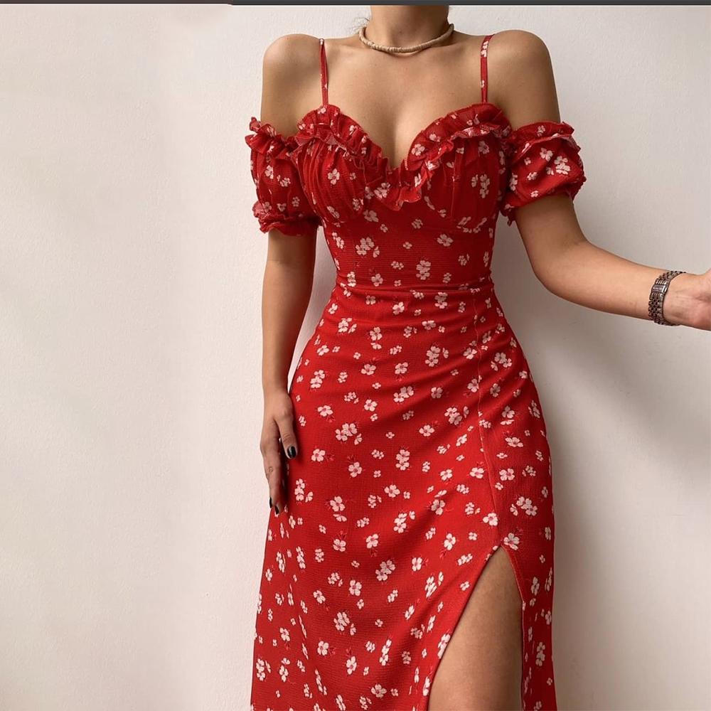 2023 Women’s Off Shoulder Frilly Suspender Split Mid-length Dress Party Summer Ladies Short Sleeve V-neck Dress Floarl A-Line