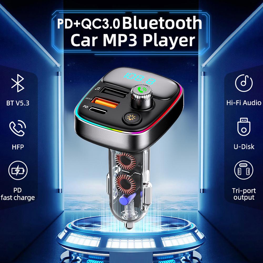 Bluetooth 5.3 FM Transmitter Car Charger Car Radio Modulator MP3 Player with 36W PD QC3.0  Quick Charge Adapter Colorful Lights